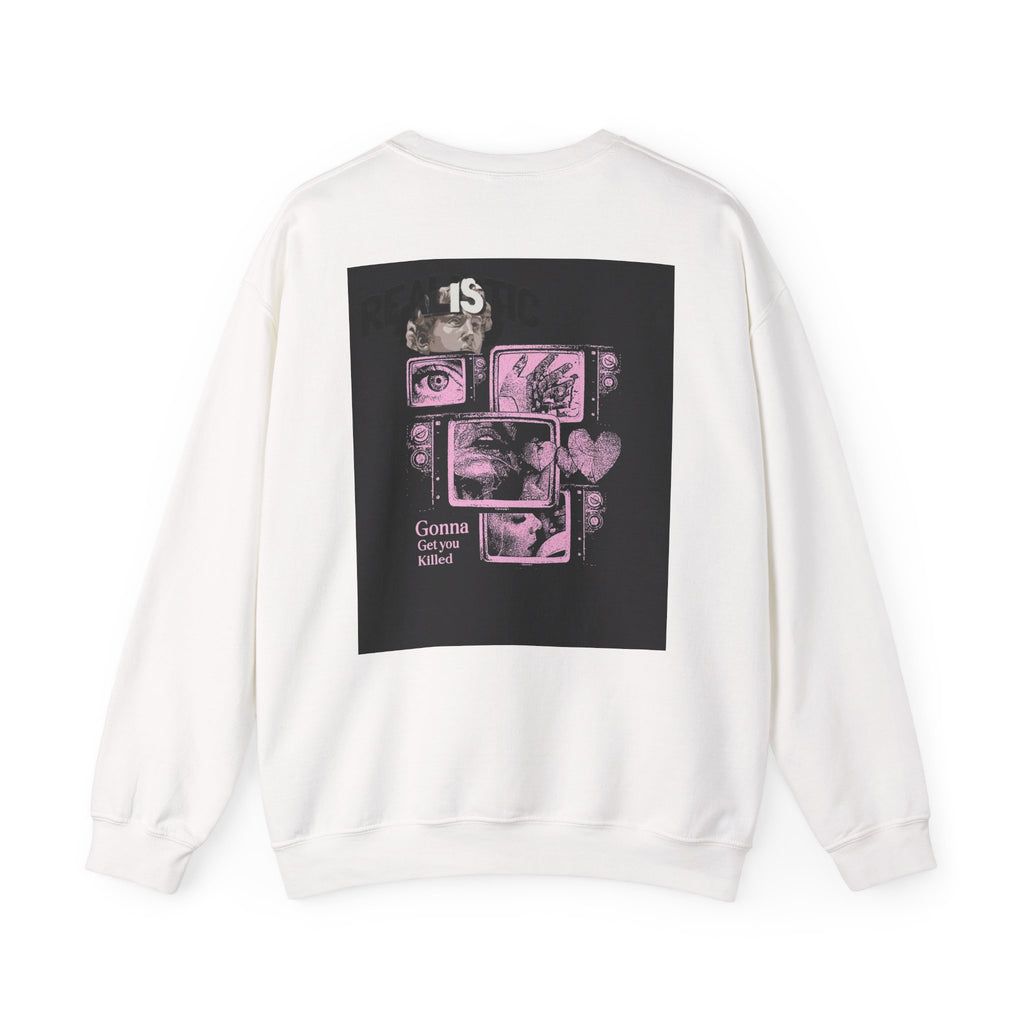 Crewneck Sweatshirt — Pink Collage Eyes Graphic “Gonna Get You, Kiddo”