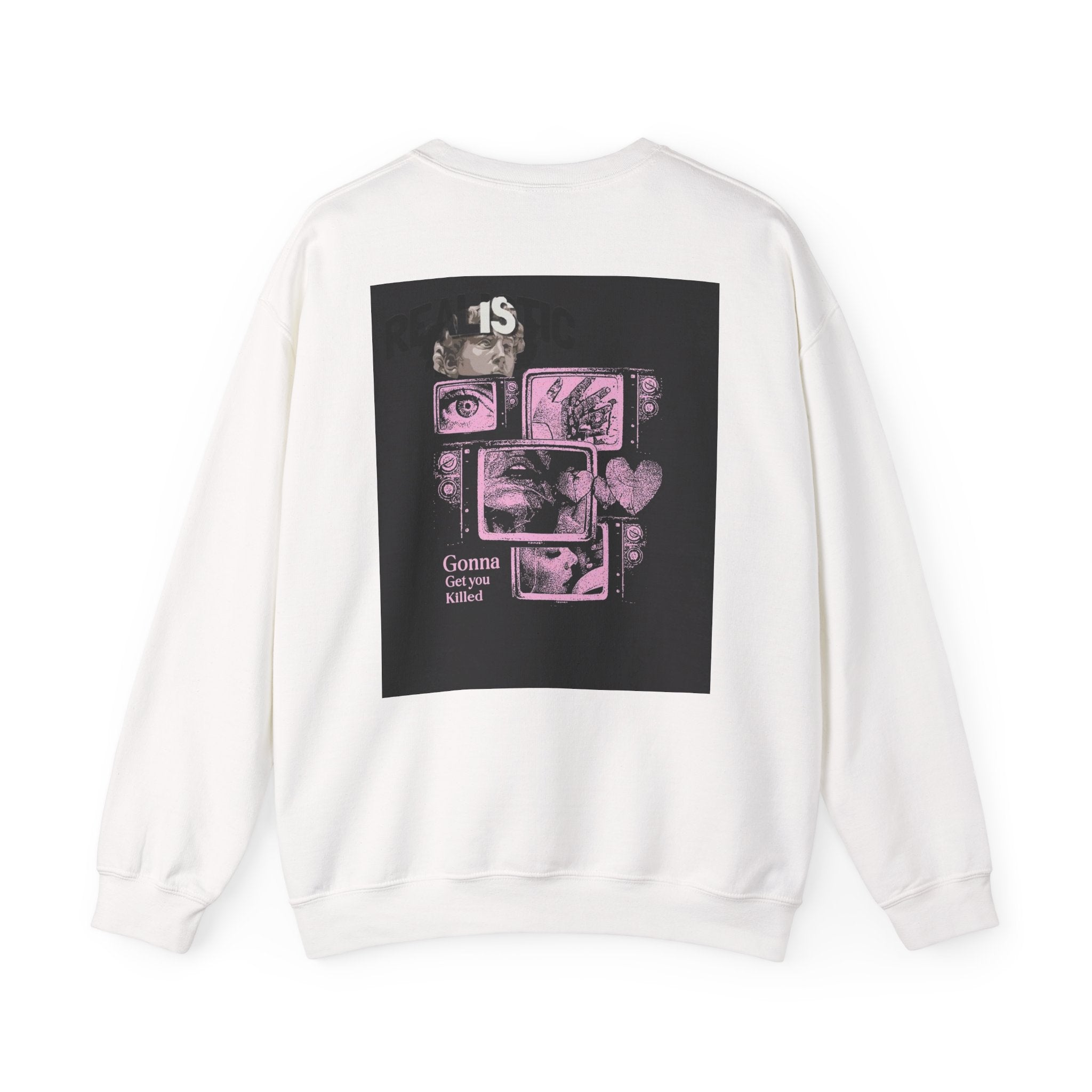 Crewneck Sweatshirt — Pink Collage Eyes Graphic “Gonna Get You, Kiddo”