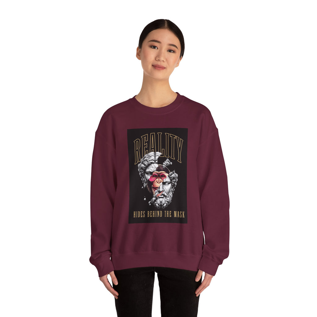 Crewneck Sweatshirt — "Reality Hides Behind The Mask" Graphic Pullover