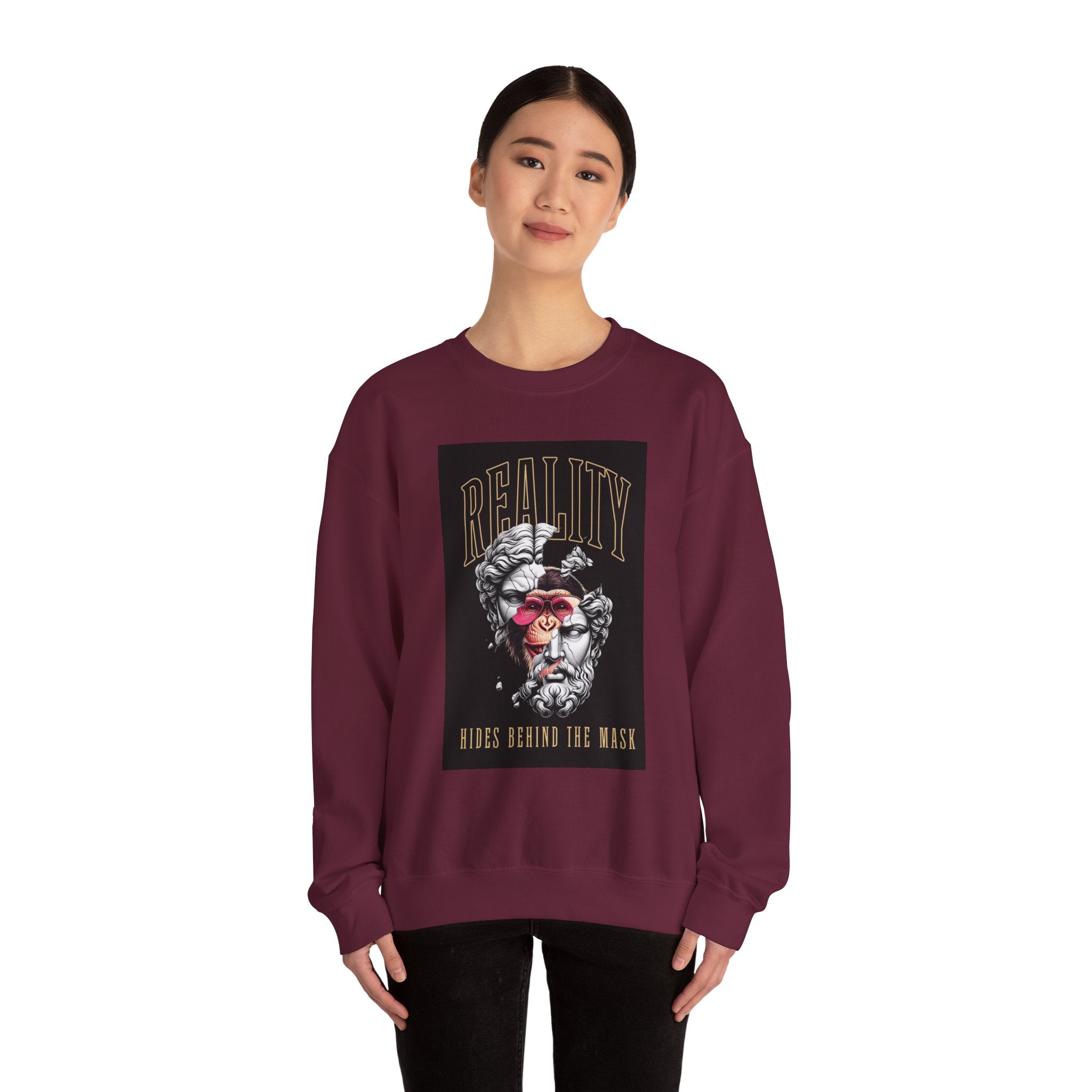 Crewneck Sweatshirt — "Reality Hides Behind The Mask" Graphic Pullover