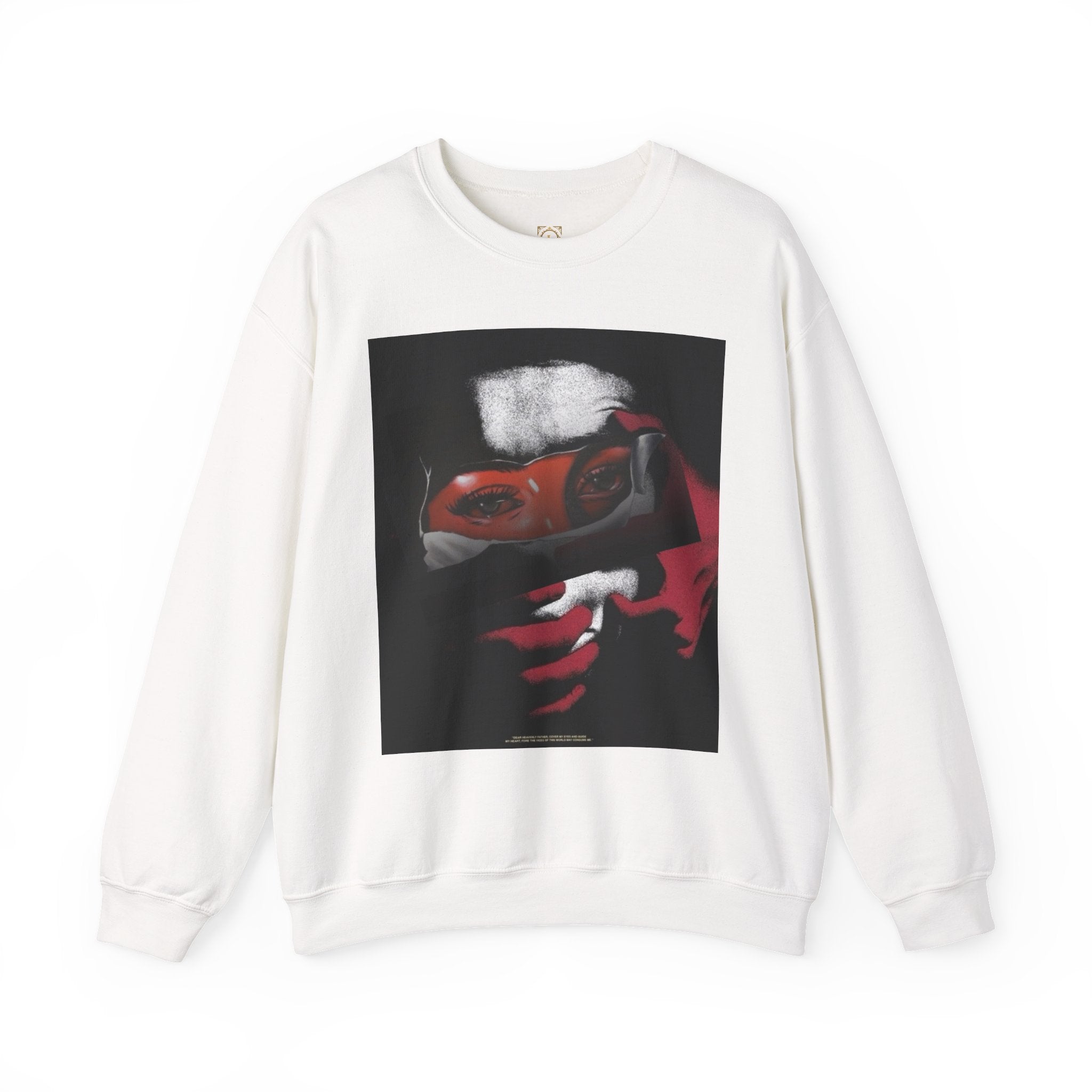 Masked Red Eyes Crewneck Sweatshirt — Graphic Streetwear with 'Legaciess' Back Logo
