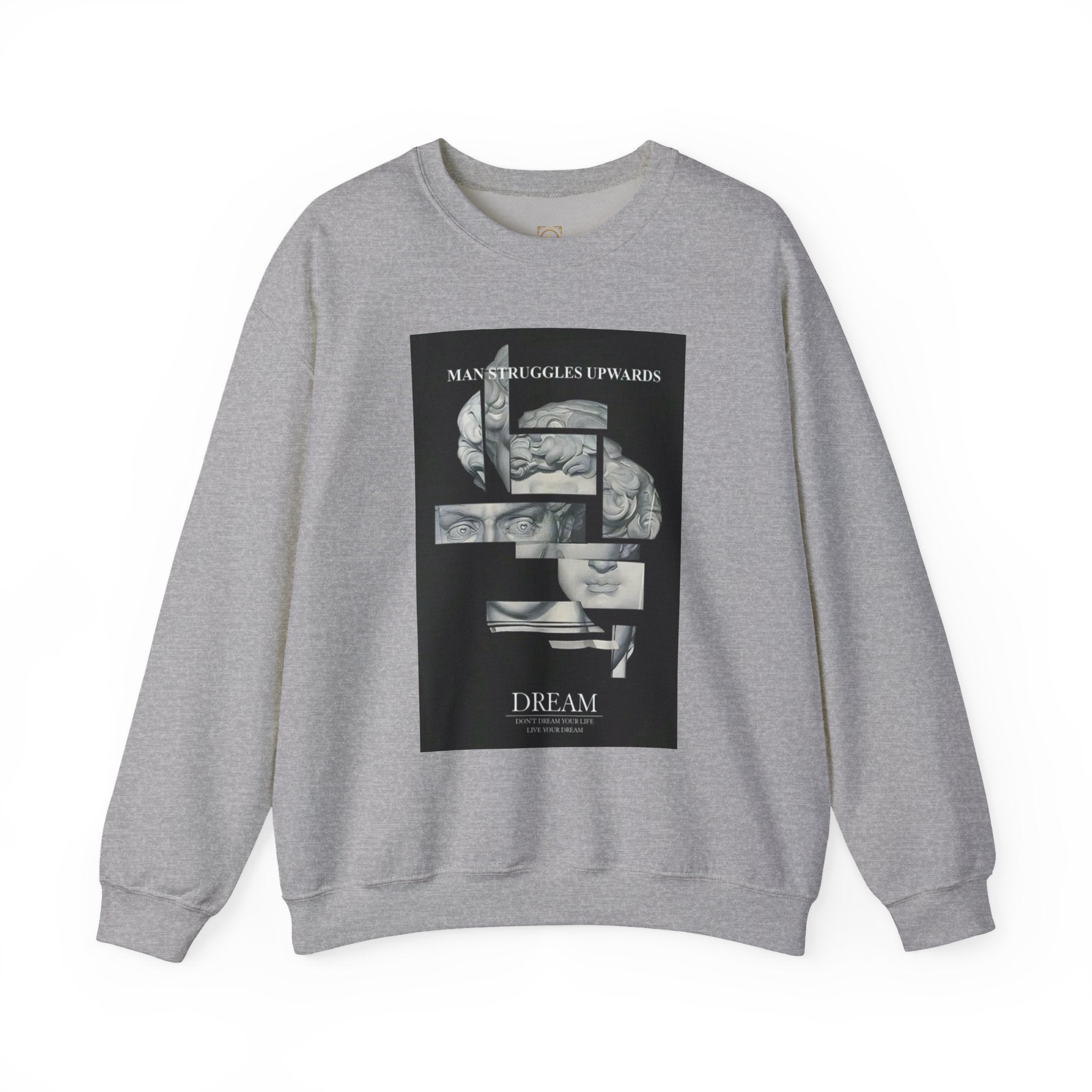 Dream Fragment Crewneck Sweatshirt — 'Man Struggles Upwards' Statue Collage
