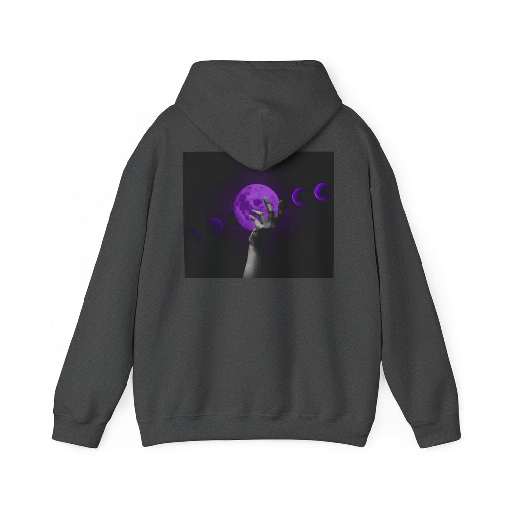 Moon Phases Hoodie — Purple Lunar Hand Graphic Pullover