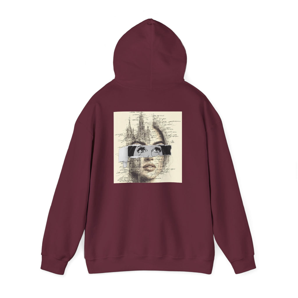 Artistic Face Collage Hoodie — Vintage Script Portrait Sweatshirt