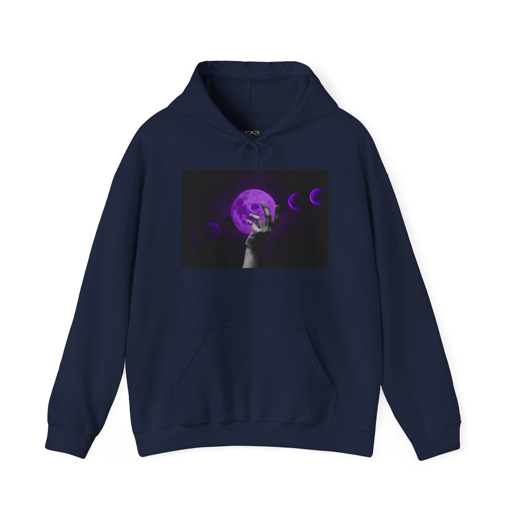 Moon Phases Hoodie — Purple Lunar Hand Graphic Pullover