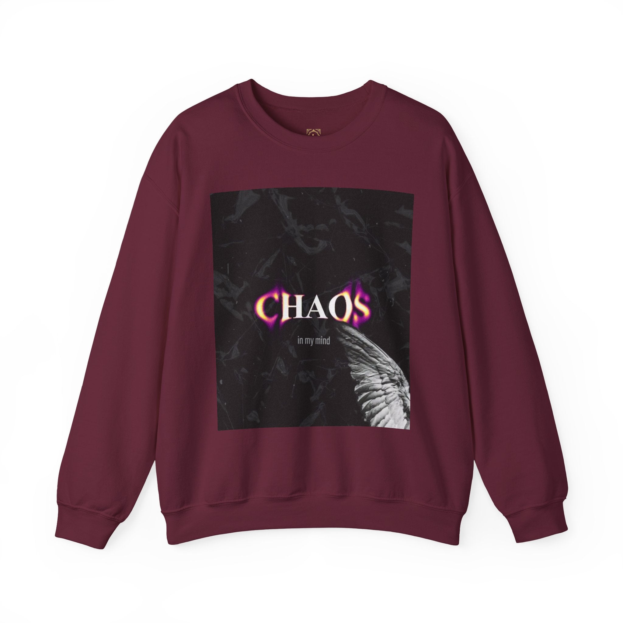 Chaos Graphic Crewneck Sweatshirt — "CHAOS in my mind" Gothic Wing Design