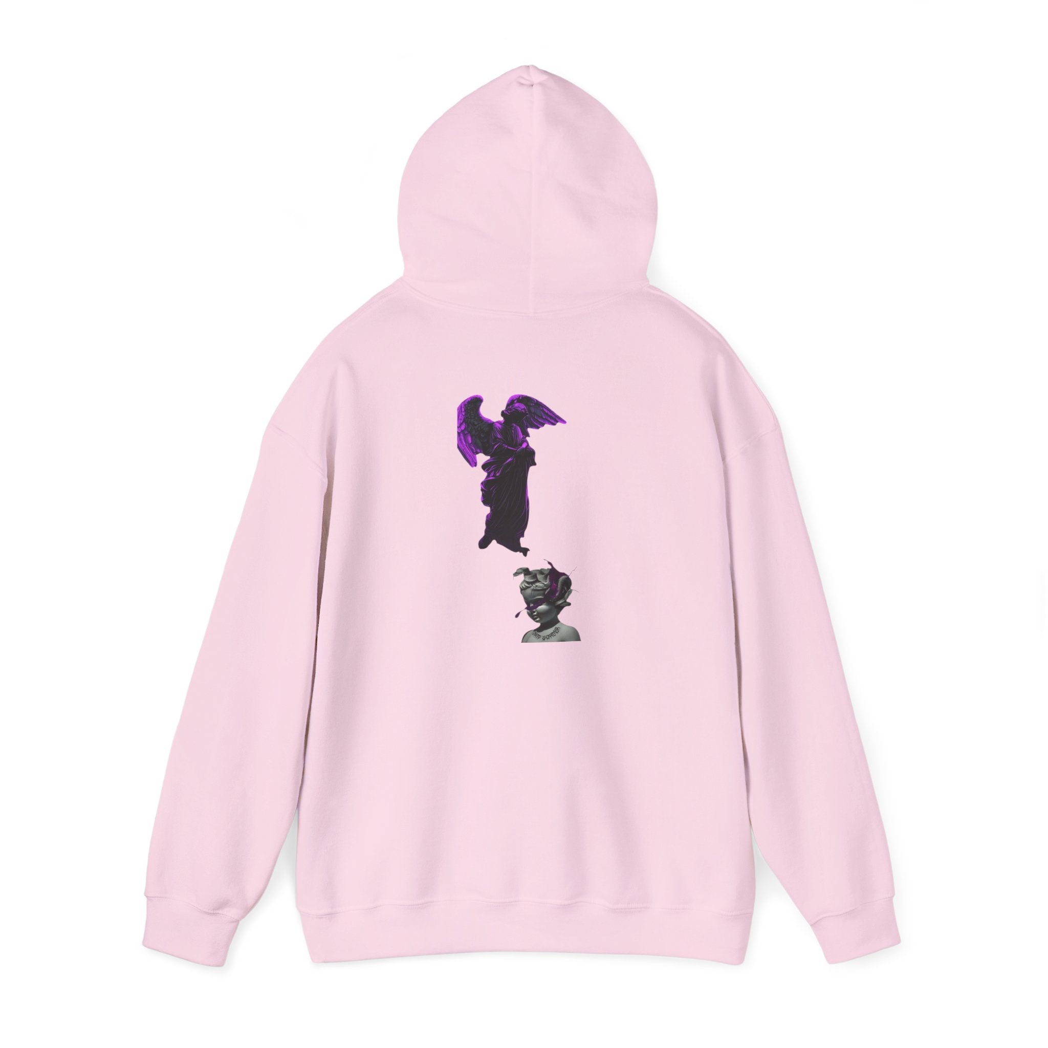 Angel Statue Hoodie — Gothic Purple Accent Sculptural Graphic Hoodie