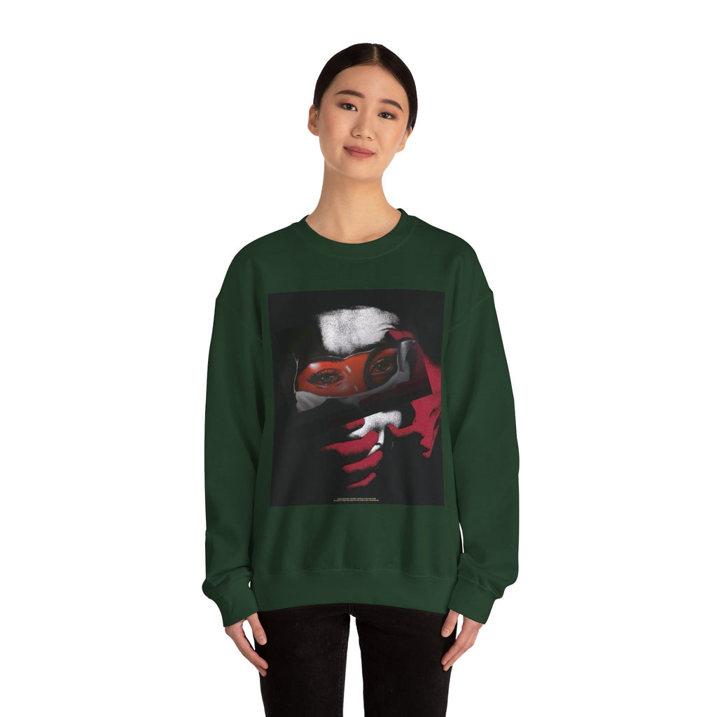 Masked Red Eyes Crewneck Sweatshirt — Graphic Streetwear with 'Legaciess' Back Logo