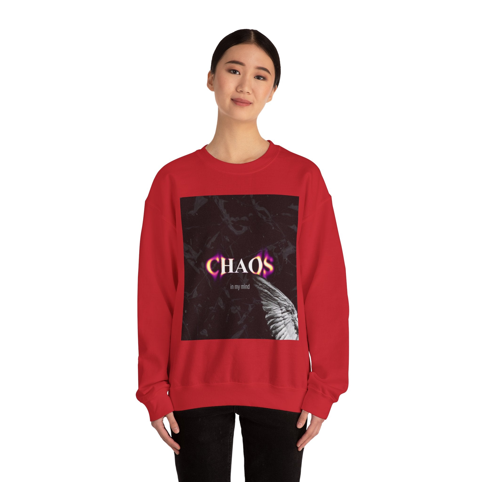 Chaos Graphic Crewneck Sweatshirt — "CHAOS in my mind" Gothic Wing Design