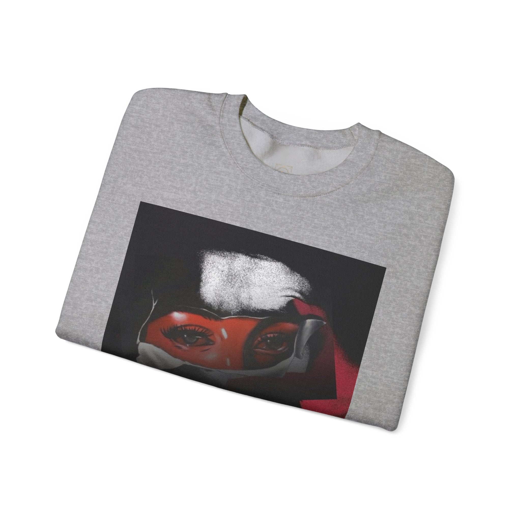 Masked Red Eyes Crewneck Sweatshirt — Graphic Streetwear with 'Legaciess' Back Logo