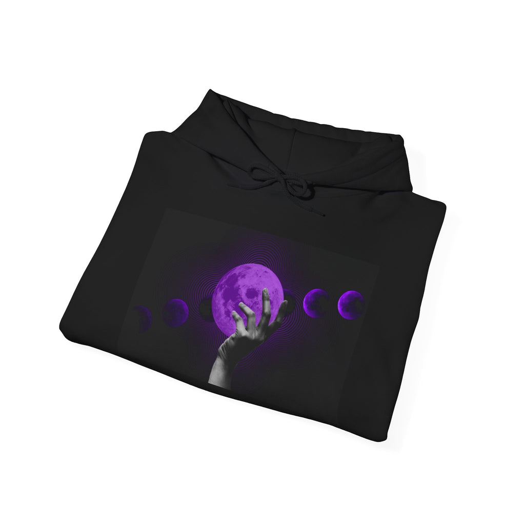 Moon Phases Hoodie — Purple Lunar Hand Graphic Pullover