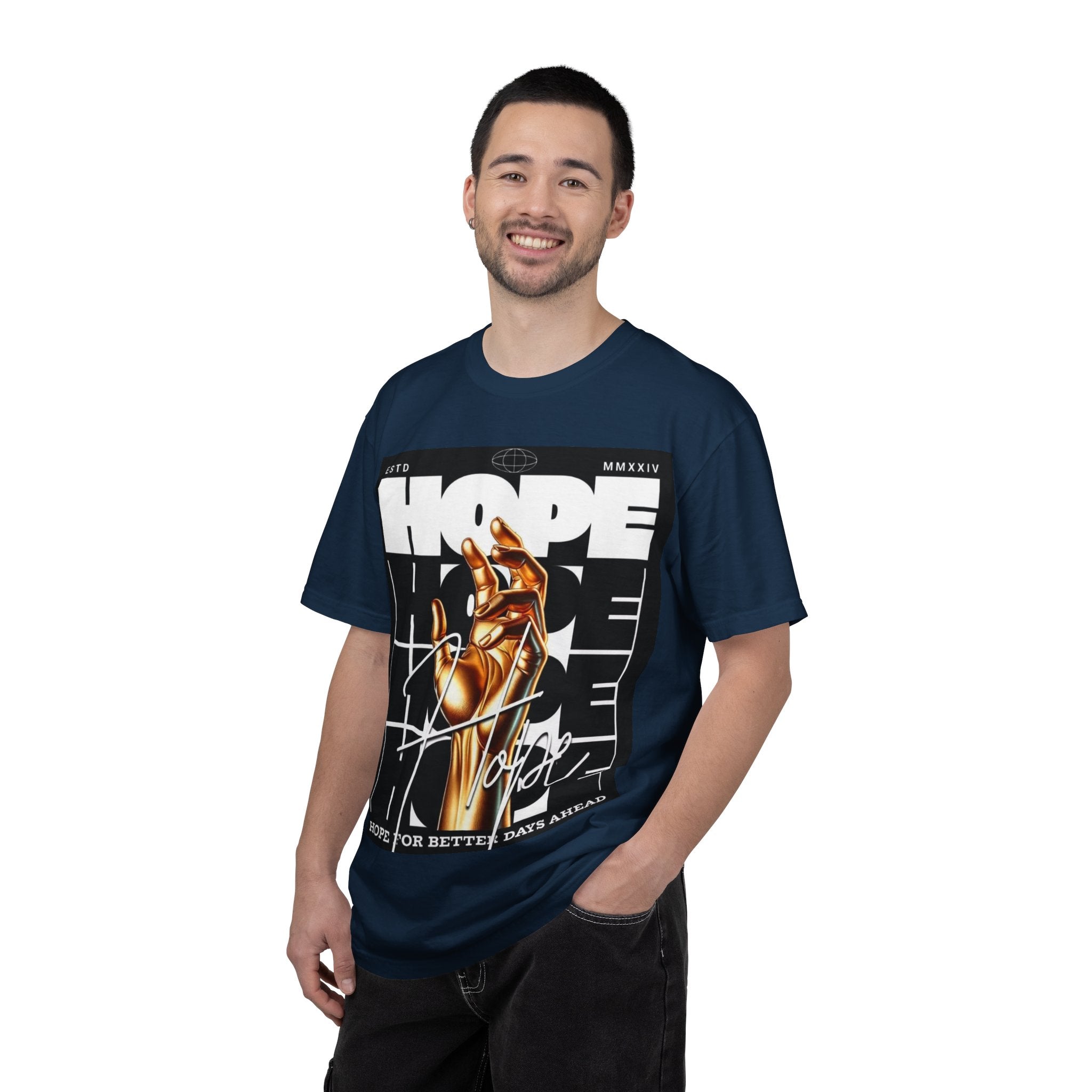 Hope Vibe Graphic T-Shirt — 'Hope for Better Days Ahead' Chest Print with Gold Hand & Back 'Legaciess' Logo