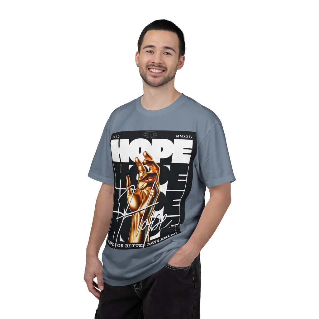 Hope Vibe Graphic T-Shirt — 'Hope for Better Days Ahead' Chest Print with Gold Hand & Back 'Legaciess' Logo