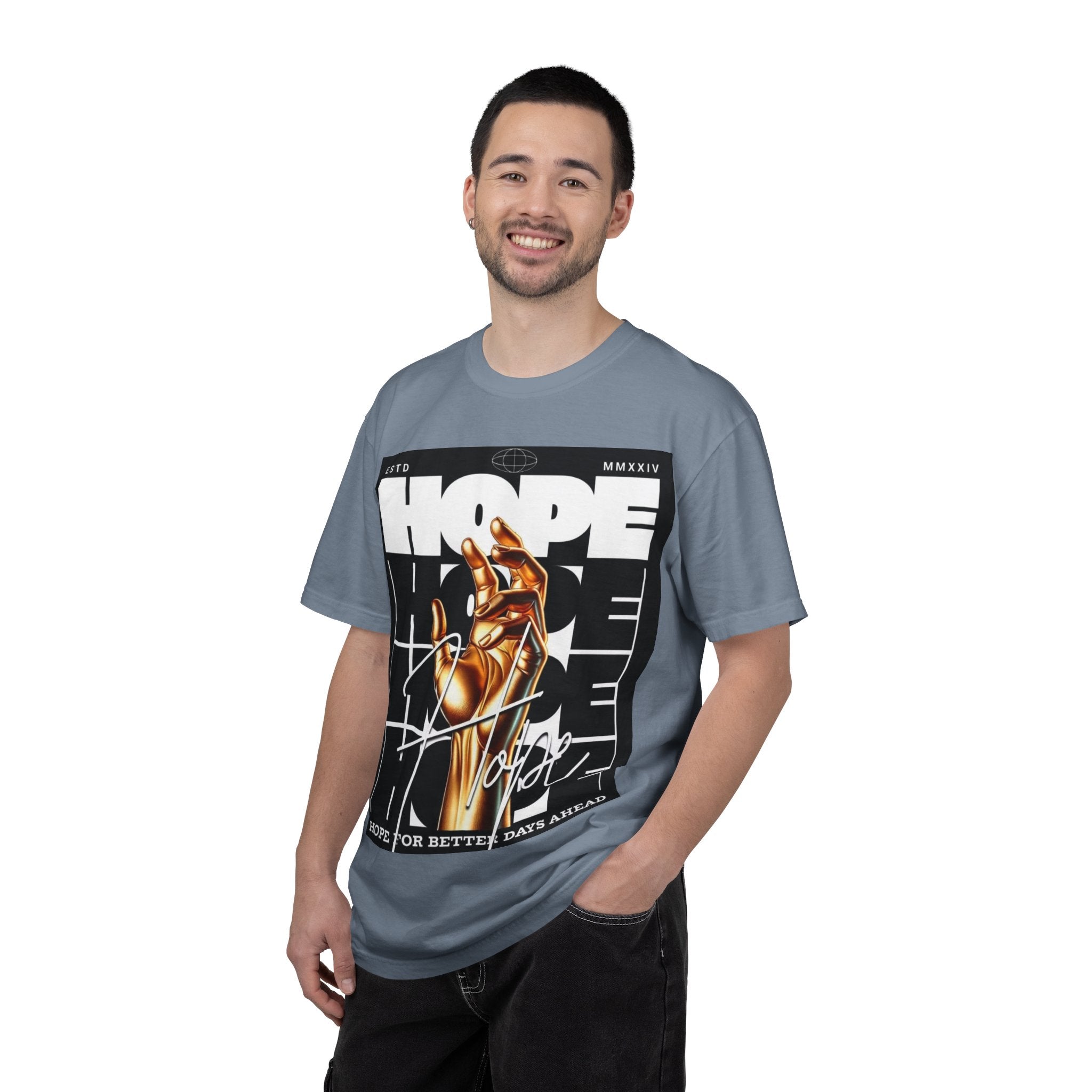 Hope Vibe Graphic T-Shirt — 'Hope for Better Days Ahead' Chest Print with Gold Hand & Back 'Legaciess' Logo