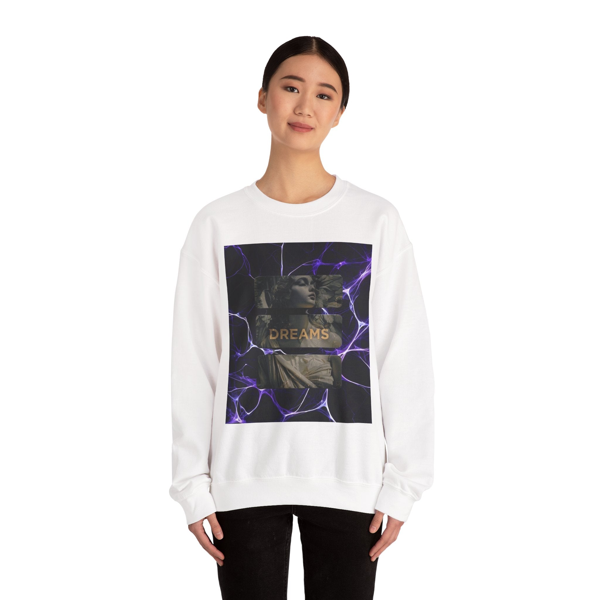 Dreams Statue Crewneck Sweatshirt — Retro Statue Graphic with Purple Lightning