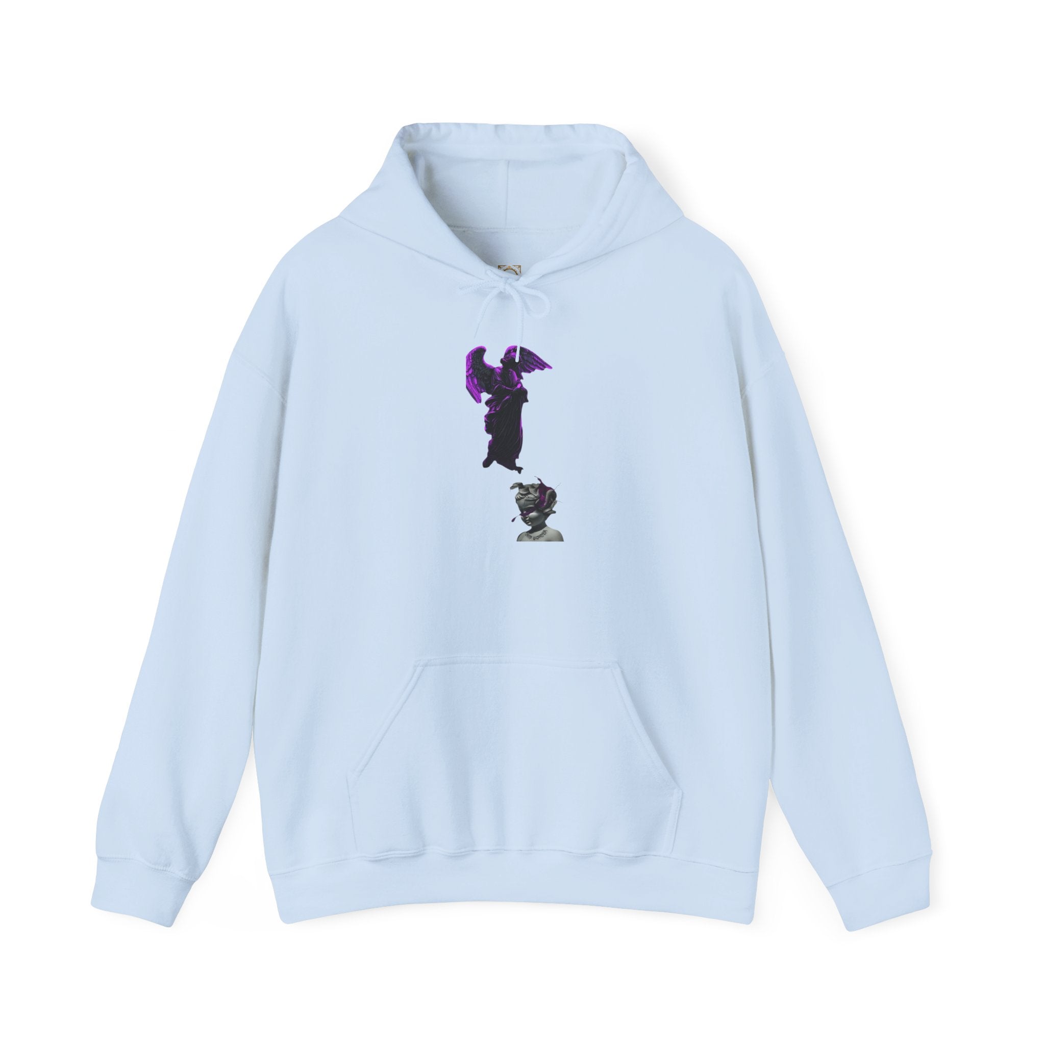 Angel Statue Hoodie — Gothic Purple Accent Sculptural Graphic Hoodie