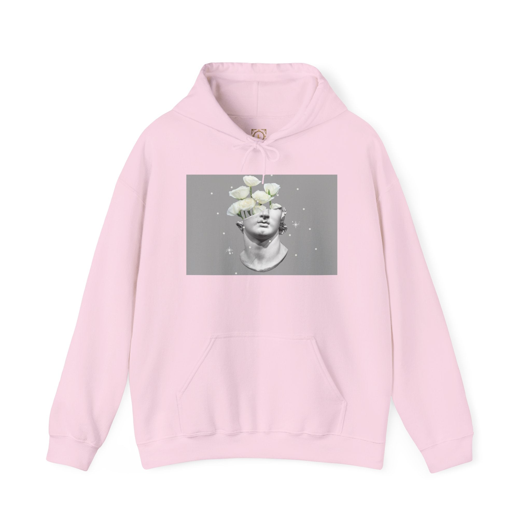 Statue Bloom Hoodie — Classical Bust with White Flowers Graphic Hoodie