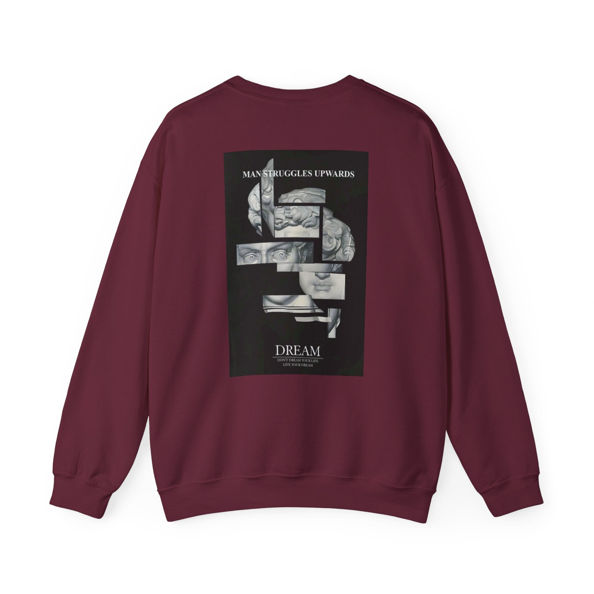 Dream Fragment Crewneck Sweatshirt — 'Man Struggles Upwards' Statue Collage