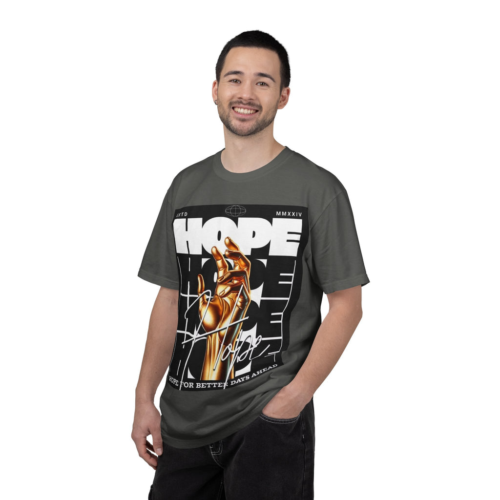 Hope Vibe Graphic T-Shirt — 'Hope for Better Days Ahead' Chest Print with Gold Hand & Back 'Legaciess' Logo