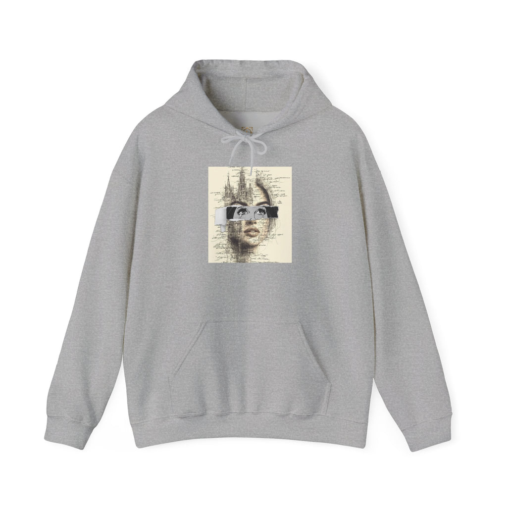 Artistic Face Collage Hoodie — Vintage Script Portrait Sweatshirt