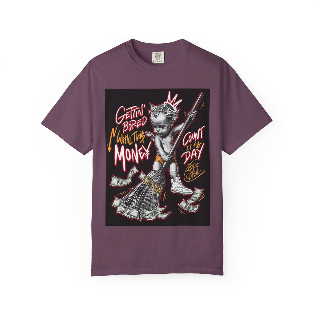 Cat Broomstick Money Tee — "Gettin' Bored With This Money" Graphic T-Shirt
