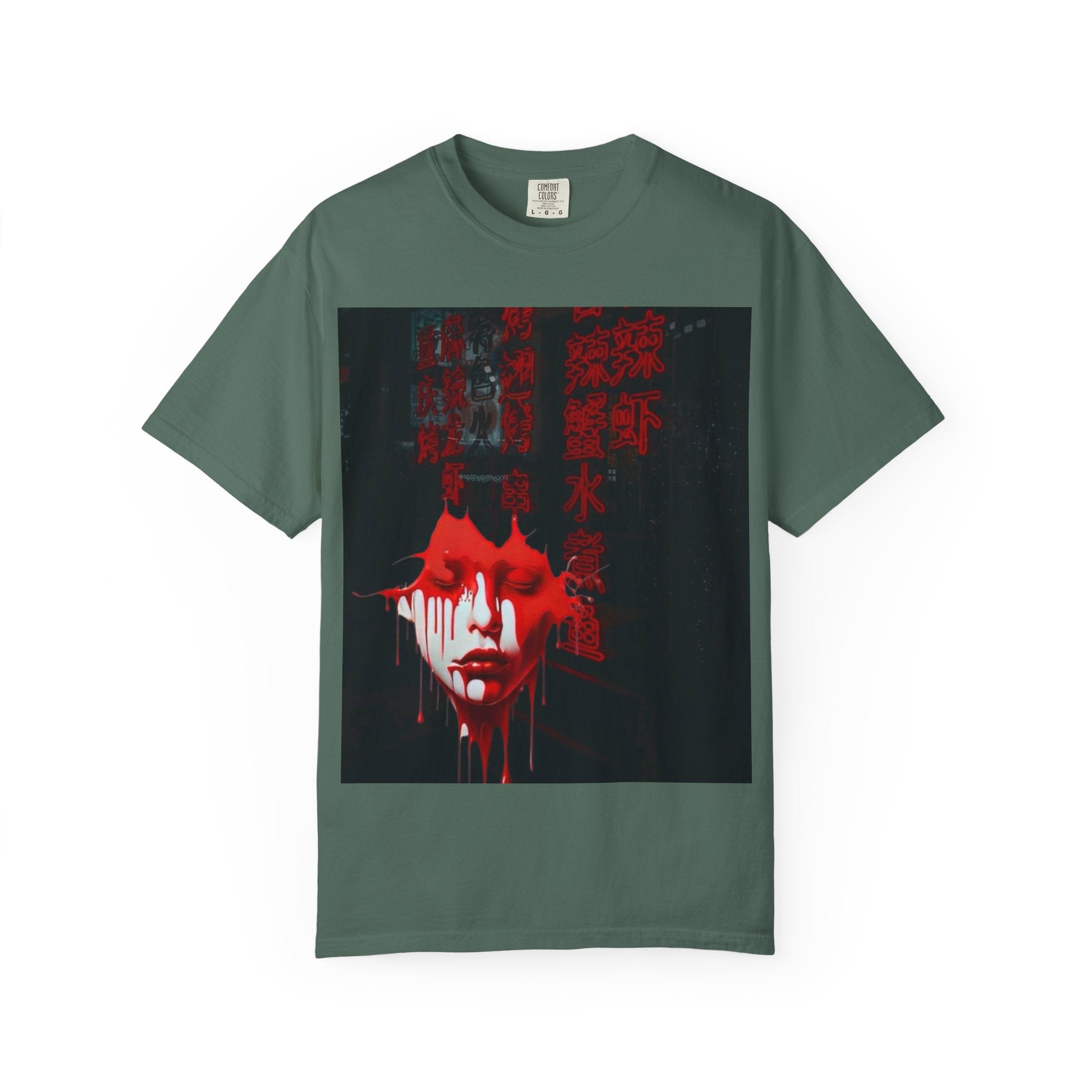 Horror Portrait Tee — Dripping Red Face with Japanese Script Graphic
