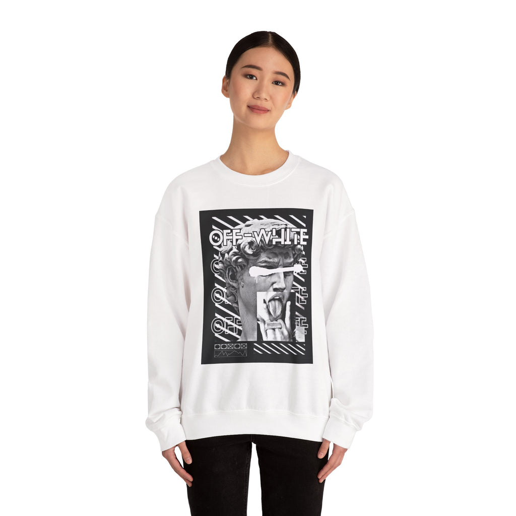 Statue Graphic Crewneck Sweatshirt — 'OFF-WHITE' Monochrome Streetwear Pullover