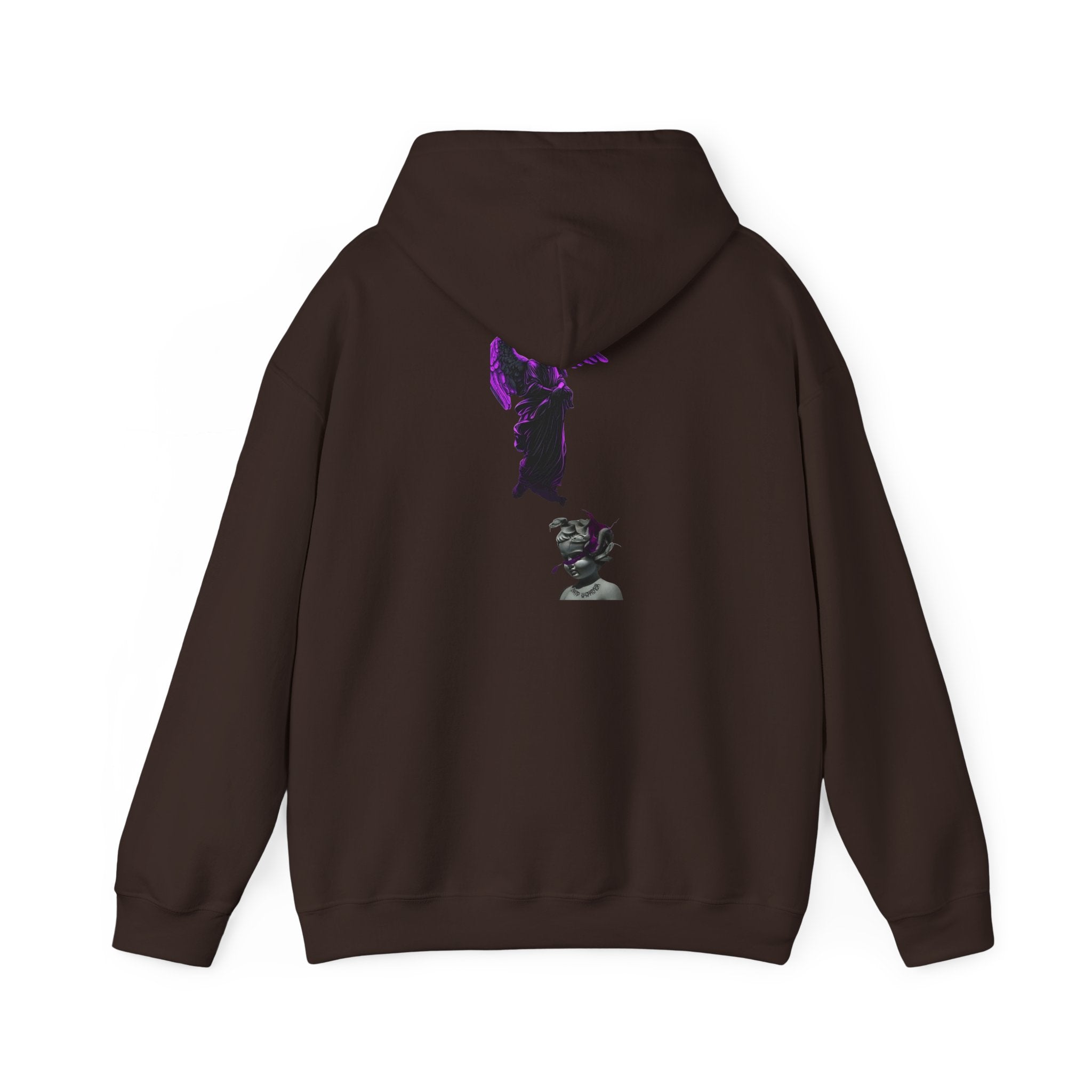 Angel Statue Hoodie — Gothic Purple Accent Sculptural Graphic Hoodie