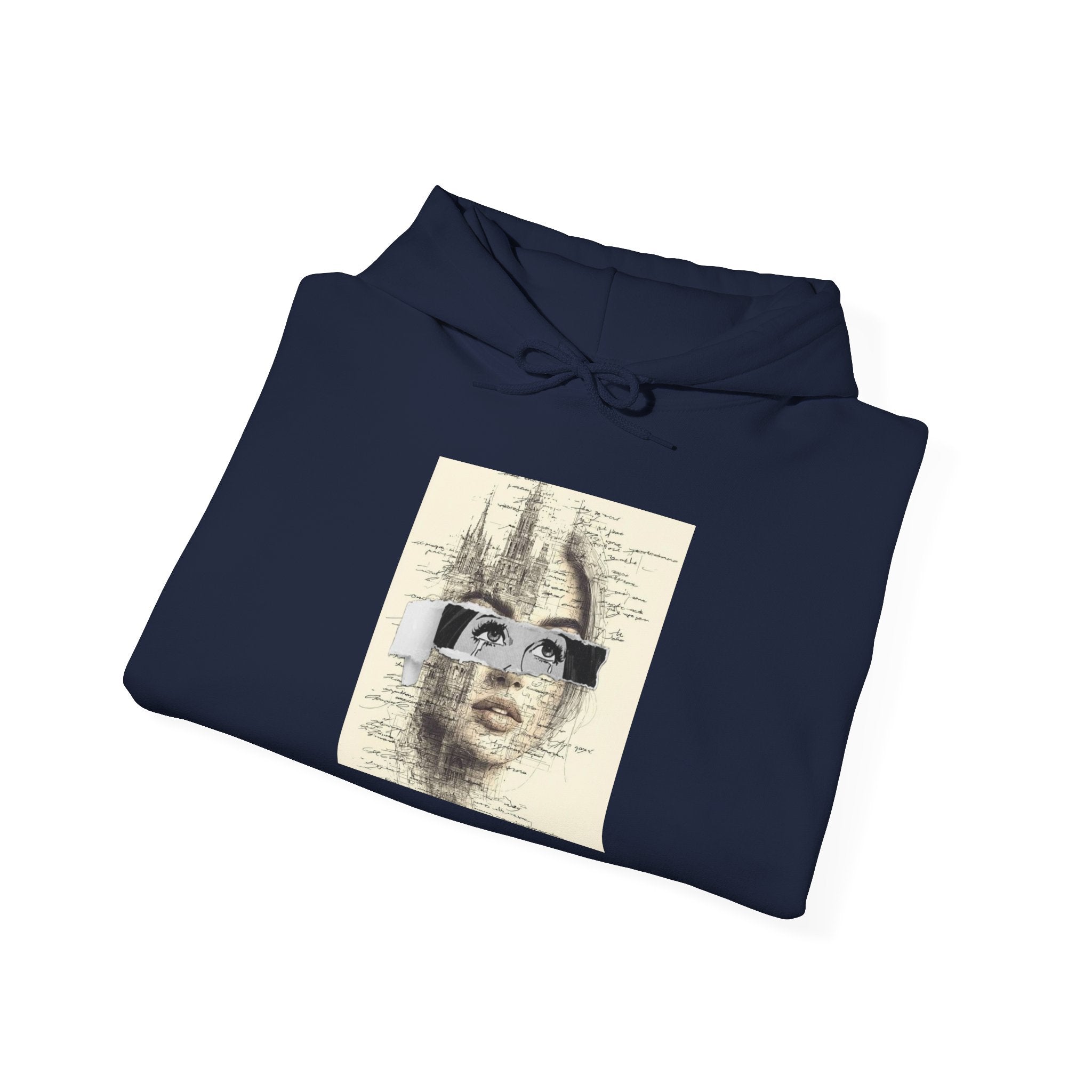 Artistic Face Collage Hoodie — Vintage Script Portrait Sweatshirt