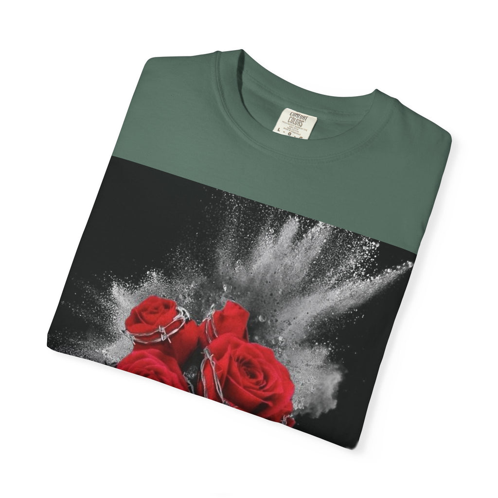 Rose Burst T-Shirt — Red Roses Graphic Tee with 'LEGACIESS' Back Logo