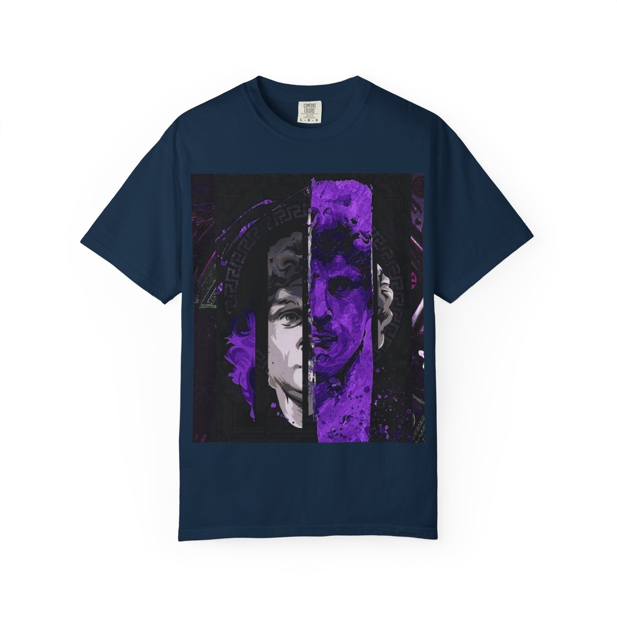 Dramatic Split-Face Graphic T-Shirt — Purple Noir Portrait Tee