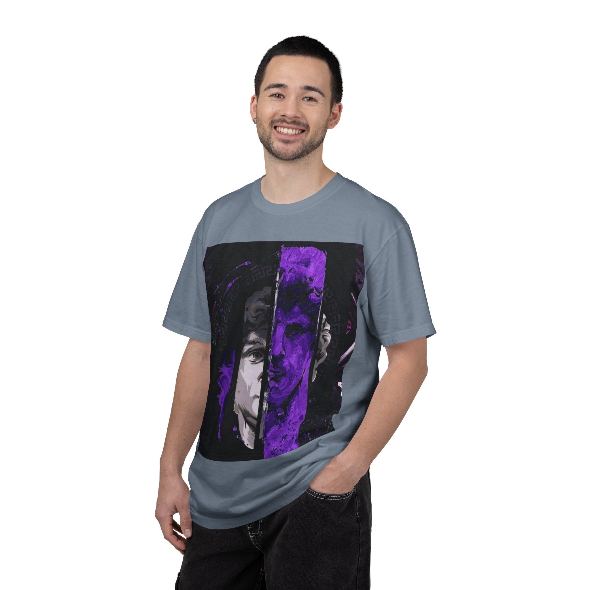 Dramatic Split-Face Graphic T-Shirt — Purple Noir Portrait Tee