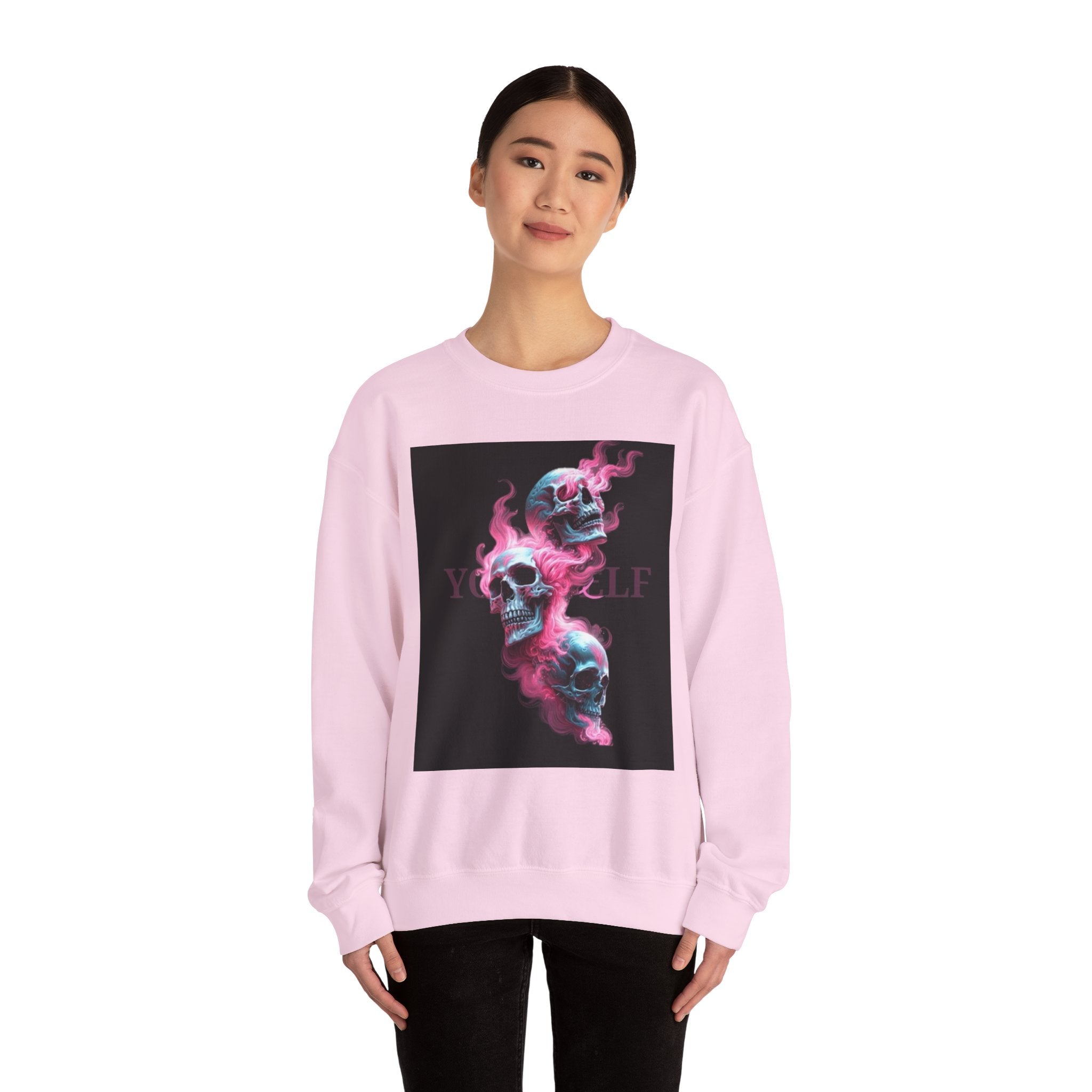 Skull Smoke Crewneck Sweatshirt — Neon Pink & Blue Gothic Graphic