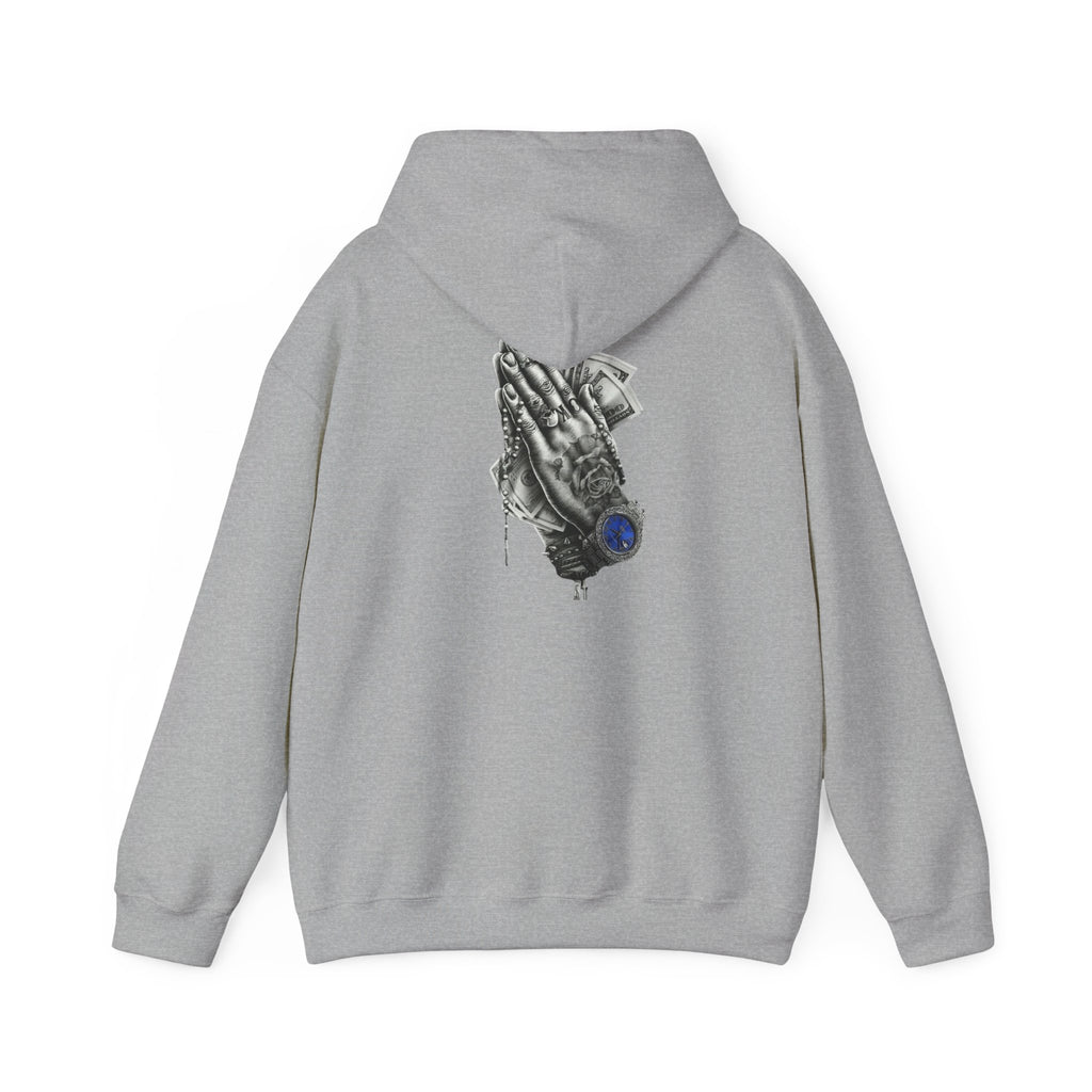 Hoodie — Praying Hands Graphic Hoodie with Blue Rose Accent