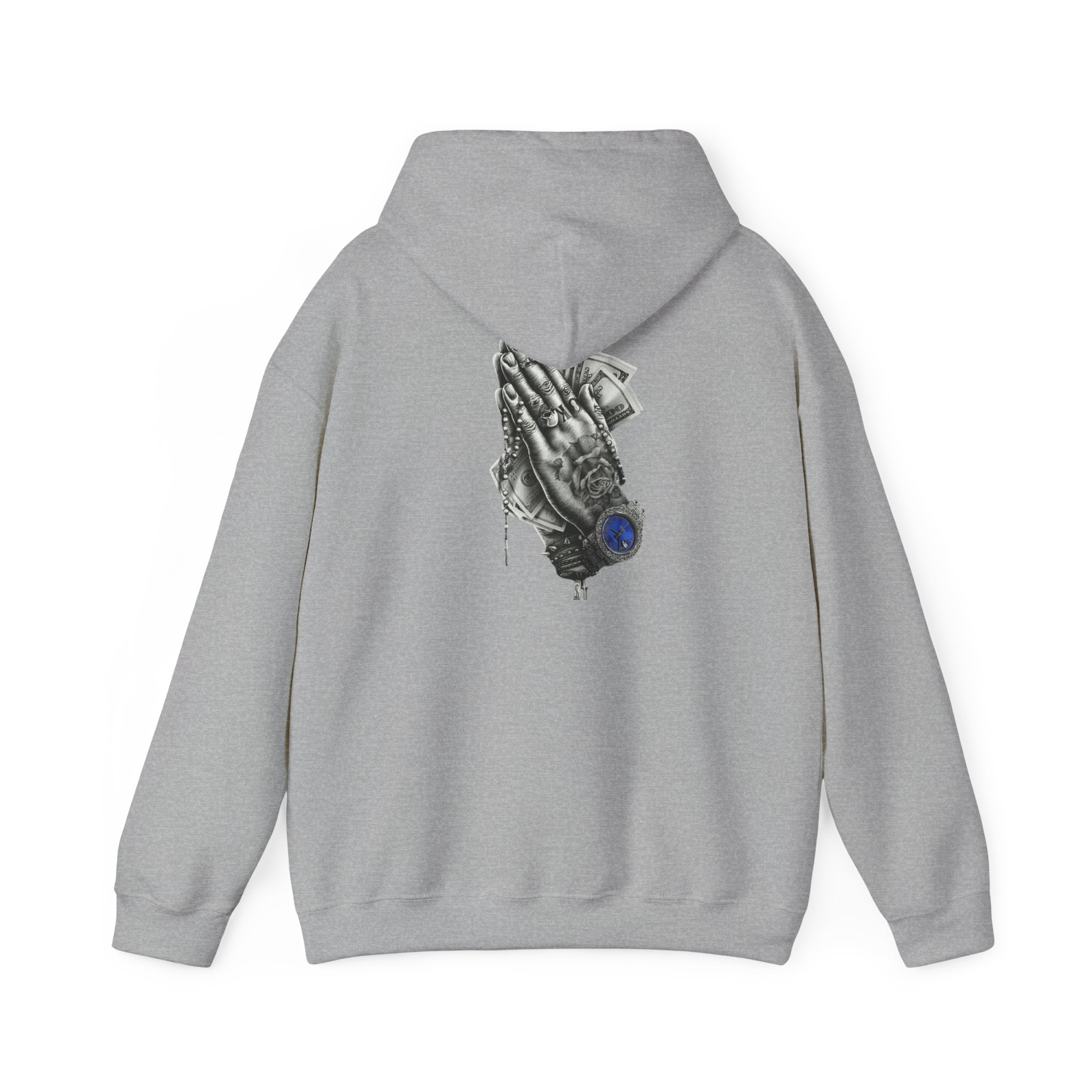 Hoodie — Praying Hands Graphic Hoodie with Blue Rose Accent
