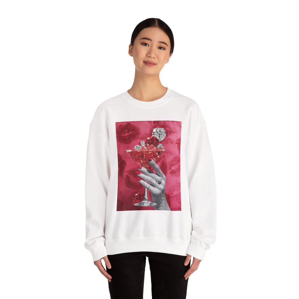 Crewneck Sweatshirt — Glamorous Red Cocktail Collage (Hand Holding Glass, Lip Print)