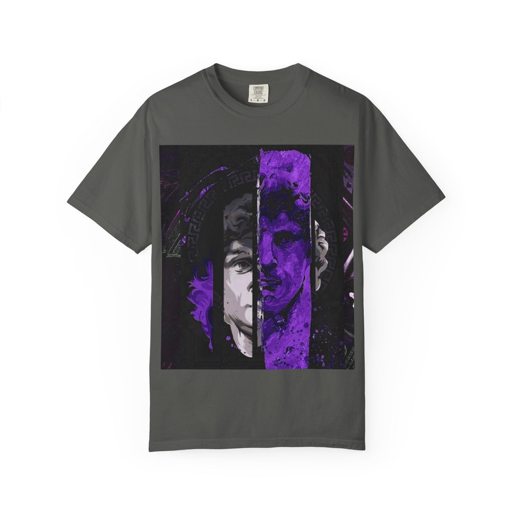 Dramatic Split-Face Graphic T-Shirt — Purple Noir Portrait Tee