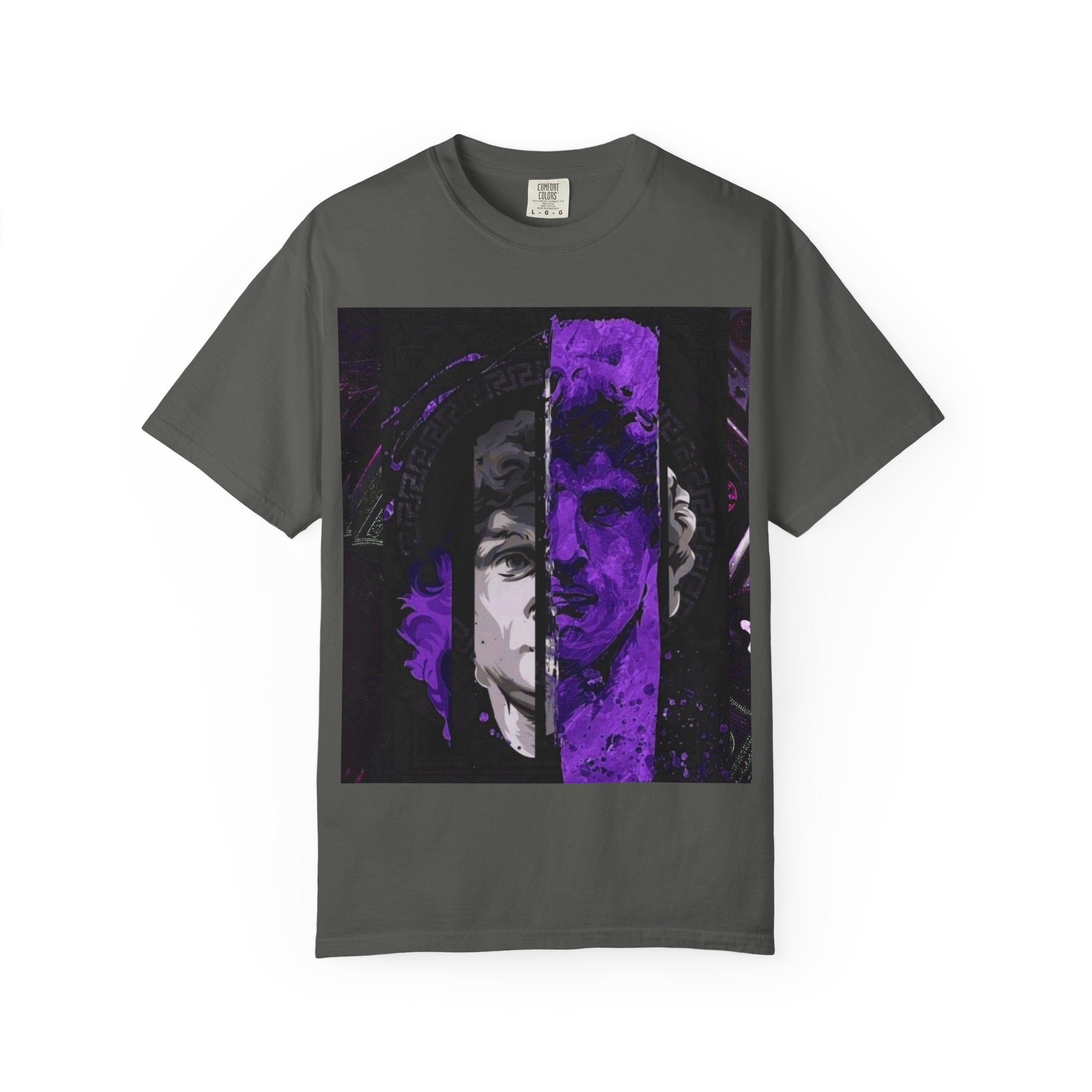 Dramatic Split-Face Graphic T-Shirt — Purple Noir Portrait Tee