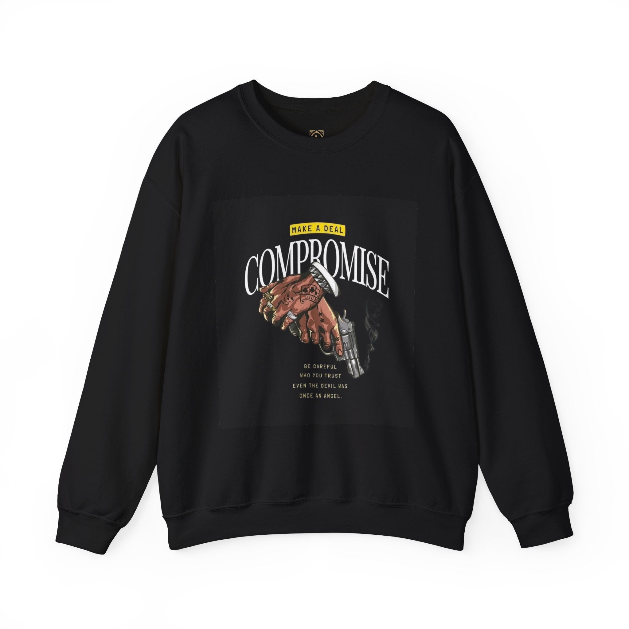 Compromise Graphic Sweatshirt — Vintage Handshake & Revolver Design