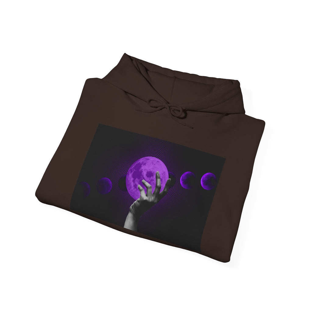 Moon Phases Hoodie — Purple Lunar Hand Graphic Pullover