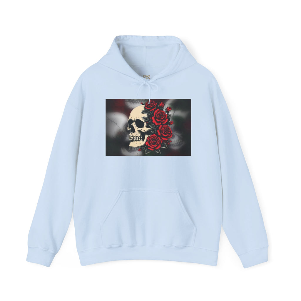 Skull with Red Roses Hoodie — Gothic Floral Skull Sweatshirt