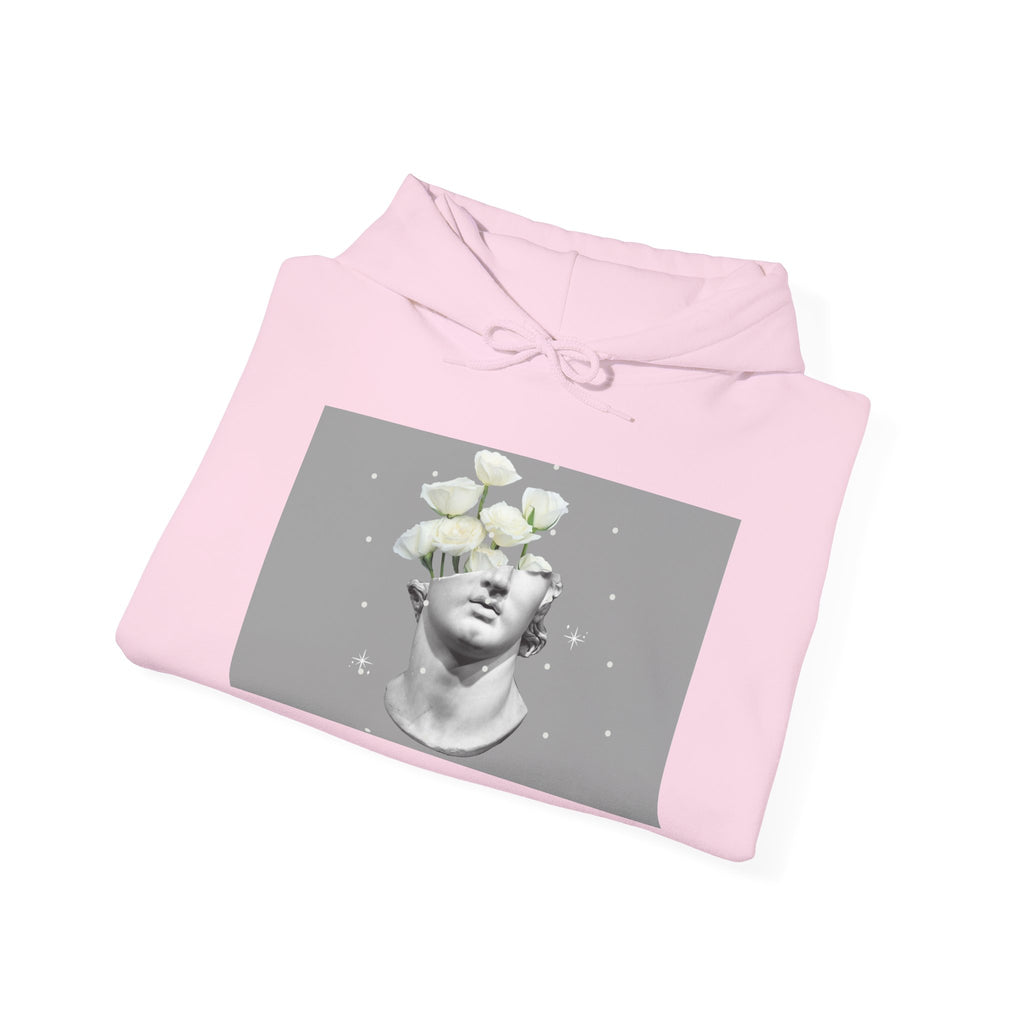 Statue Bloom Hoodie — Classical Bust with White Flowers Graphic Hoodie