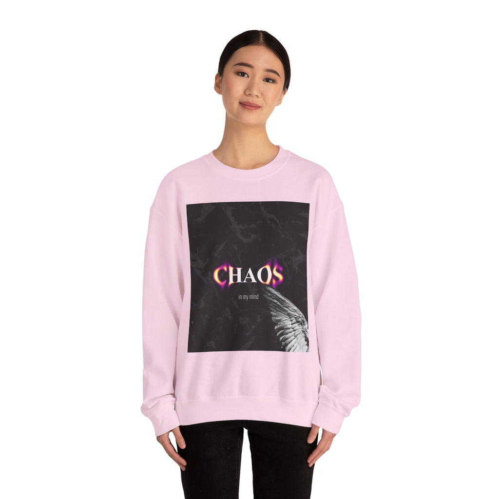 Chaos Graphic Crewneck Sweatshirt — "CHAOS in my mind" Gothic Wing Design