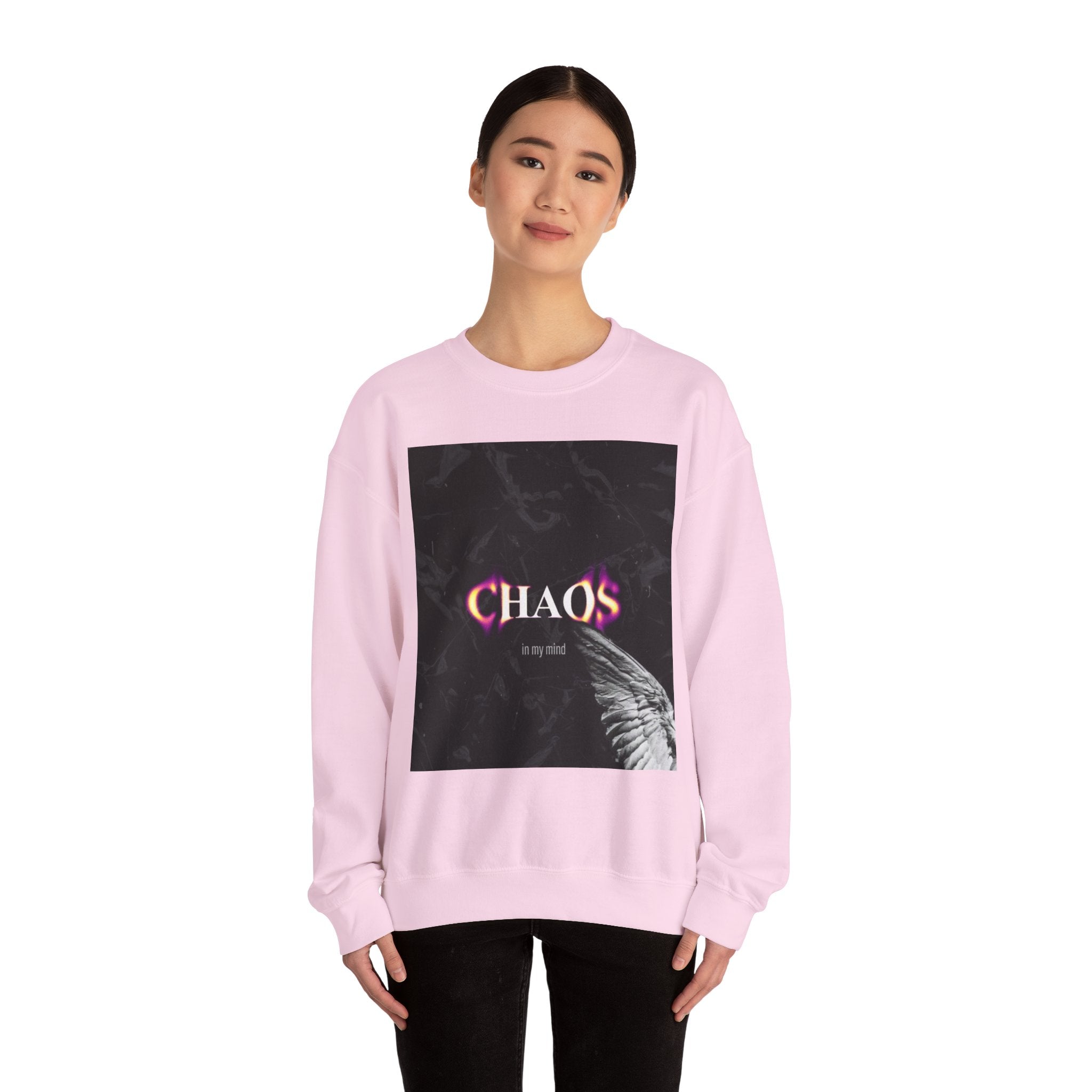 Chaos Graphic Crewneck Sweatshirt — "CHAOS in my mind" Gothic Wing Design