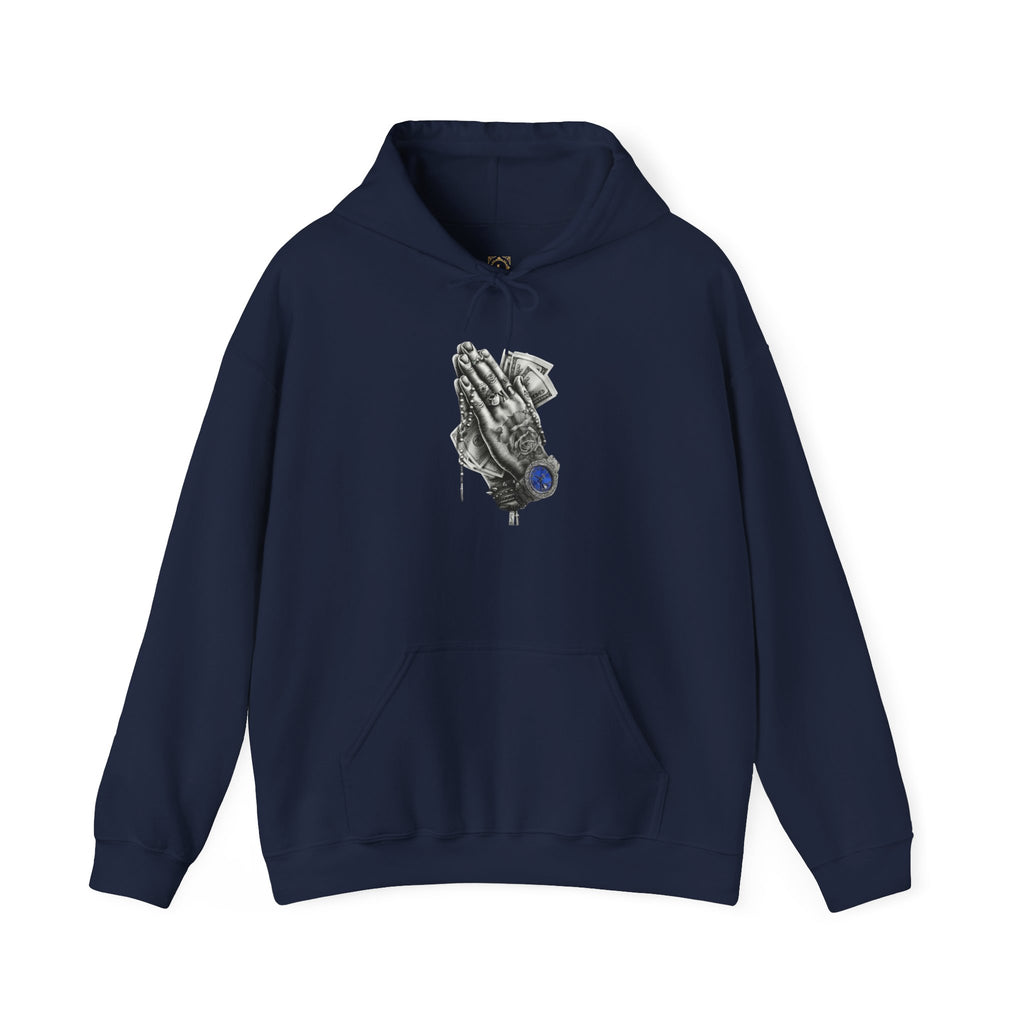 Hoodie — Praying Hands Graphic Hoodie with Blue Rose Accent