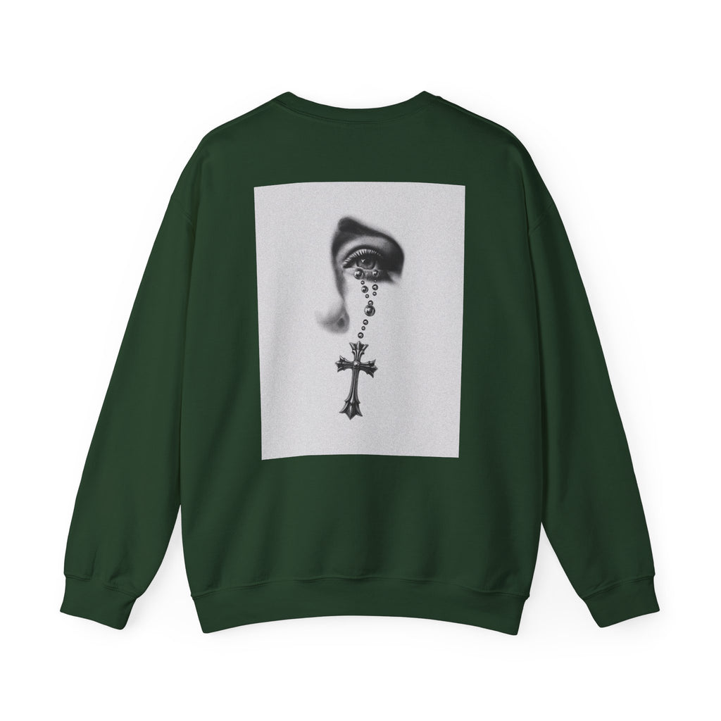 Rosary Tear Crewneck Sweatshirt — Gothic Eye & Cross Graphic
