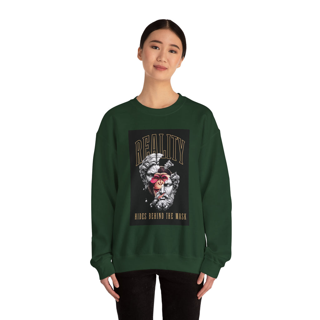 Crewneck Sweatshirt — "Reality Hides Behind The Mask" Graphic Pullover