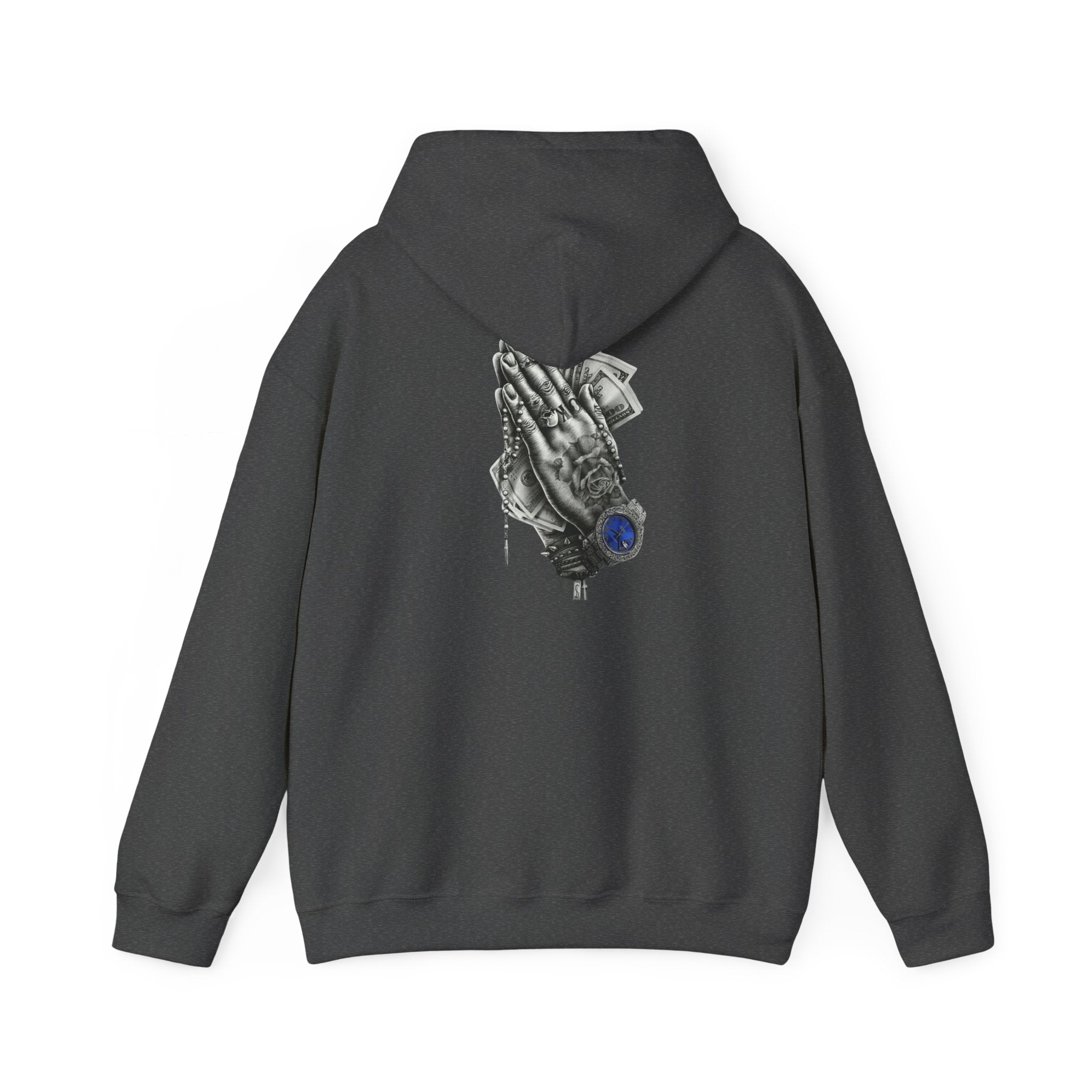Hoodie — Praying Hands Graphic Hoodie with Blue Rose Accent