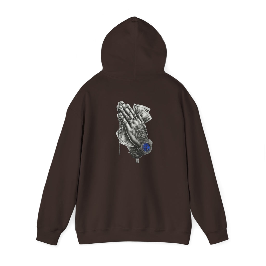 Hoodie — Praying Hands Graphic Hoodie with Blue Rose Accent