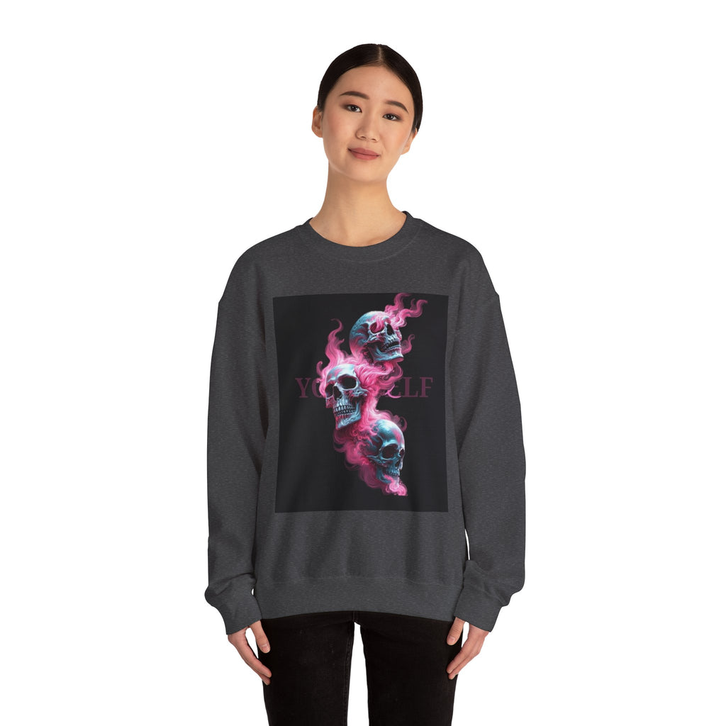 Skull Smoke Crewneck Sweatshirt — Neon Pink & Blue Gothic Graphic